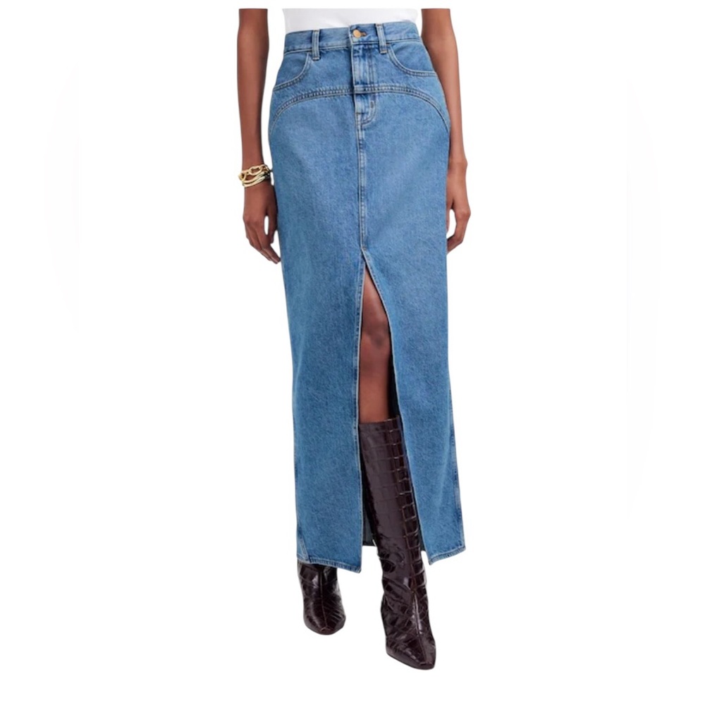 Madewell Denim Western Stitch Maxi Skirt Size 23 High Waist Front Slit